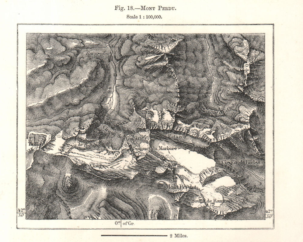 Mont Perdu. Monte Perdido. Spain Hautes-Pyrénées. Sketch map 1885 old